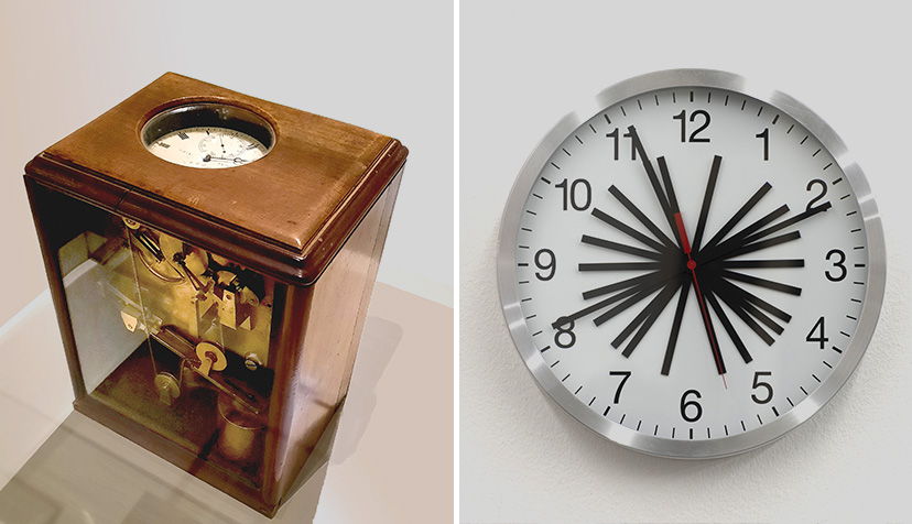 Deux photos. A gauche, une montre de malle-poste. A droite, une horloge industrielle modifiée avec une multitudes d'aiguilles par l'artiste Patricia Reed.