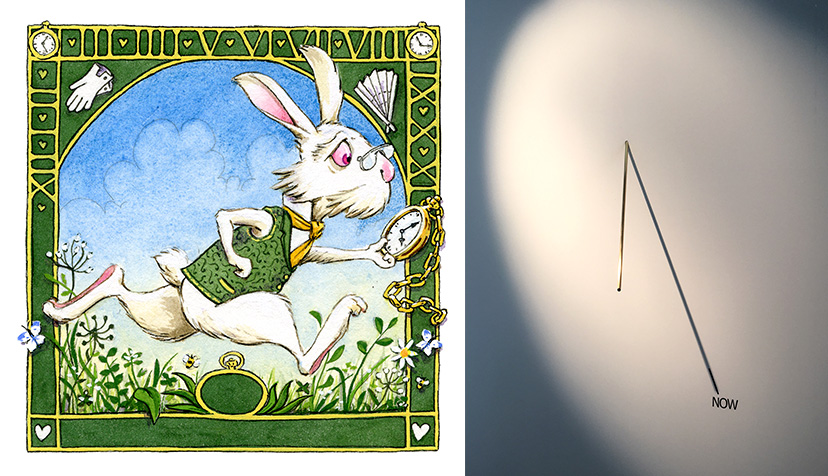 Deux photos. A gauche : la maquette d'un timbre-poste avec le dessin du lapin des Aventures d'Alice au pays des merveilles réalisé par l'artiste Keith Robinson. A droite, une horloge délimitée par un cercle de lumière dont l'ombre de l'unique aiguille pointe sur le mot "now" (maintenant), œuvre de Julien Discrit.